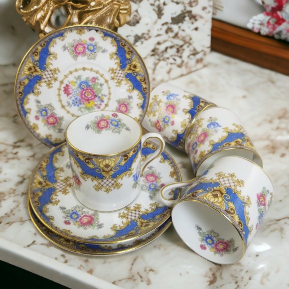 Shelley Bone China Espresso Cup & Saucer Flat Demi Set Sheraton Blue England - Picture 4 of 16